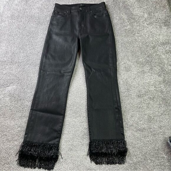 7 For All Mankind Coated Jeans Women’s 26 Black Straight High Rise Holiday Party - Picture 1 of 16